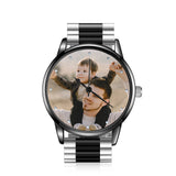 Montre photo personnalisée pour homme en acier inoxydable noir bicolore