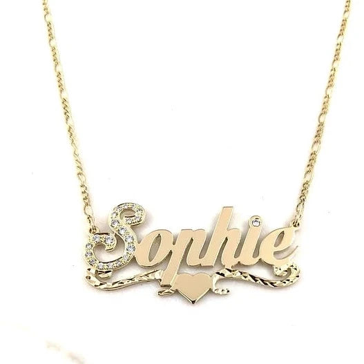 Upscale Name Necklace Solid Gold 14K White Gold 200.00 Figaro 16 inch Cubic Zirconia
