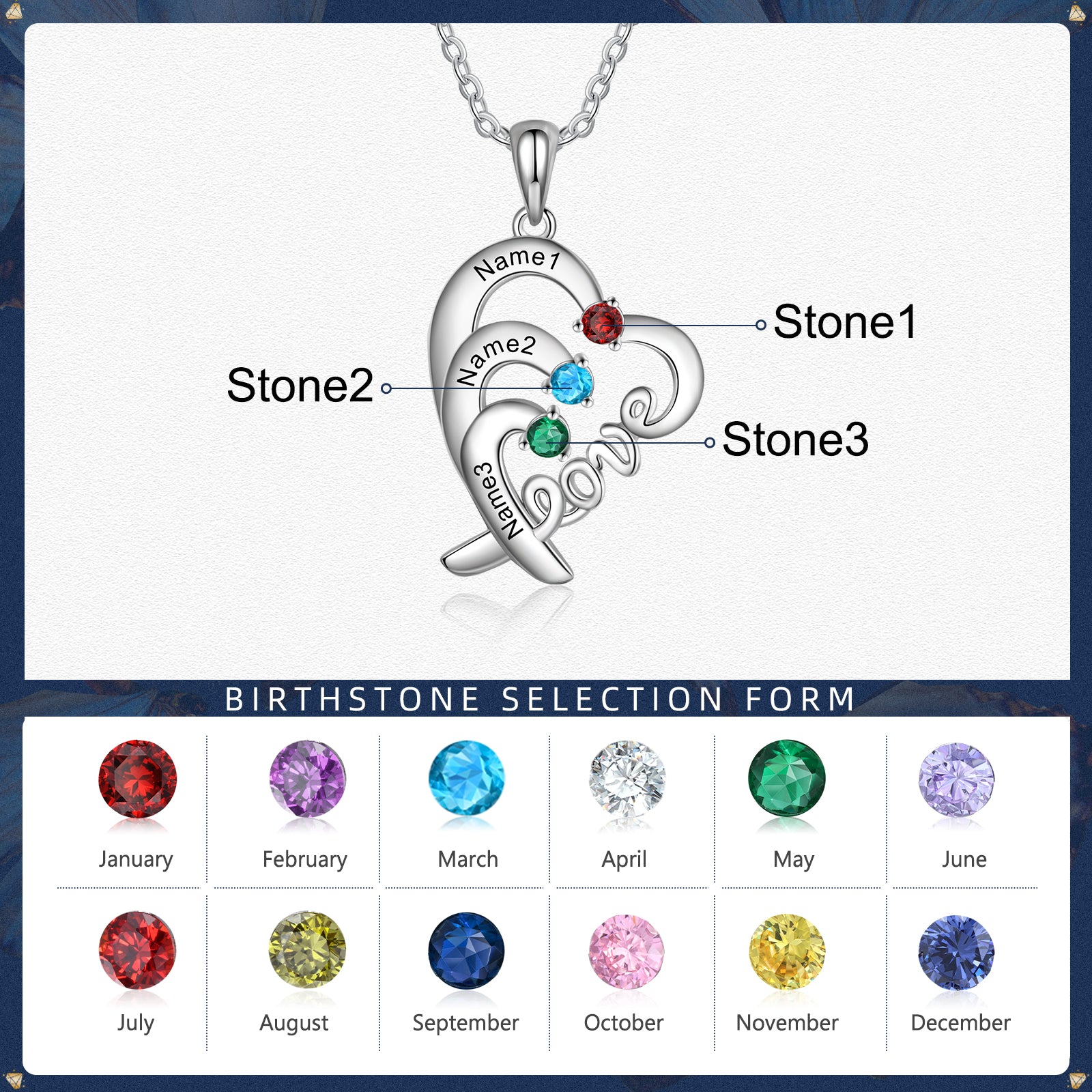 LOVE Heart Necklace 2 to 4 Stones