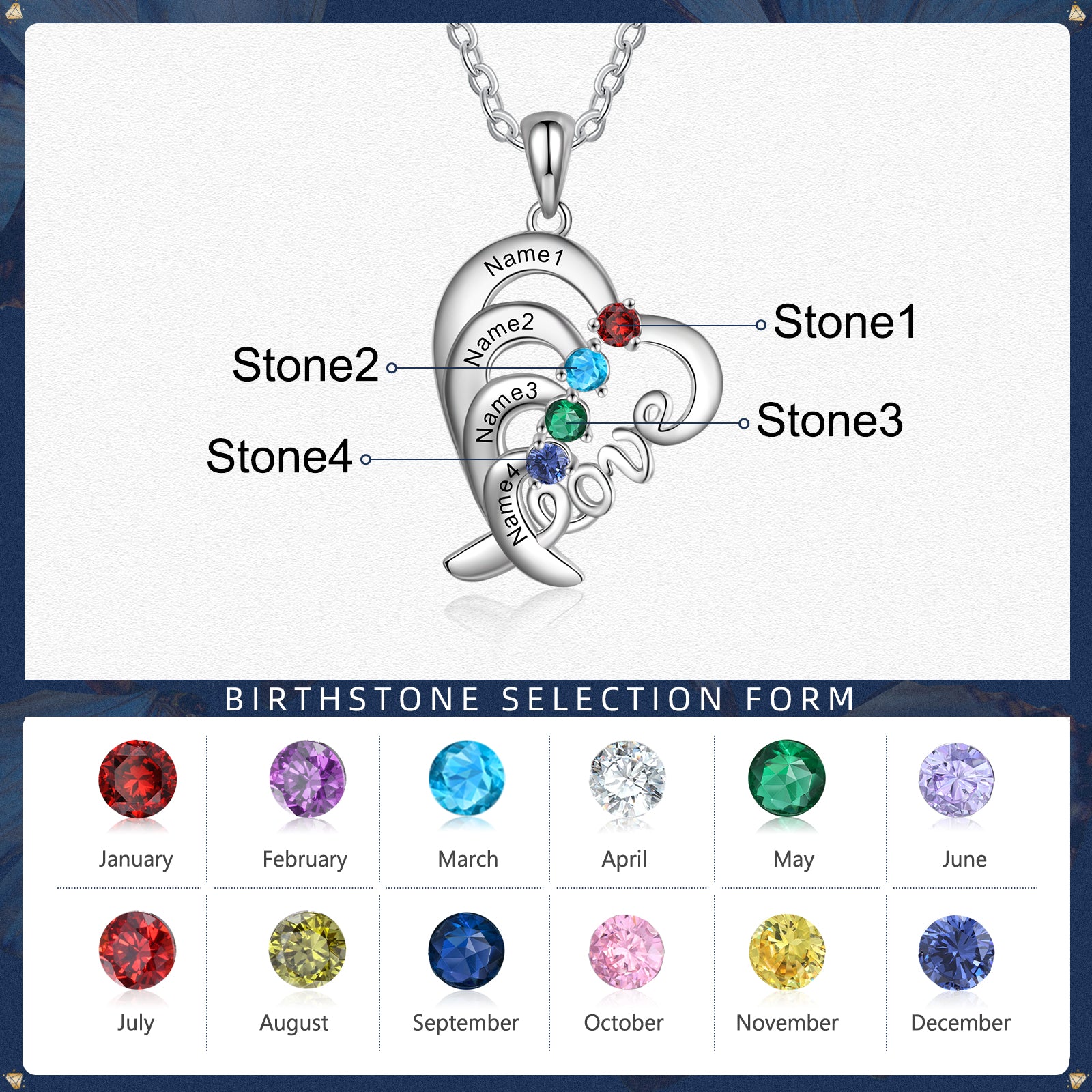 LOVE Heart Necklace 2 to 4 Stones