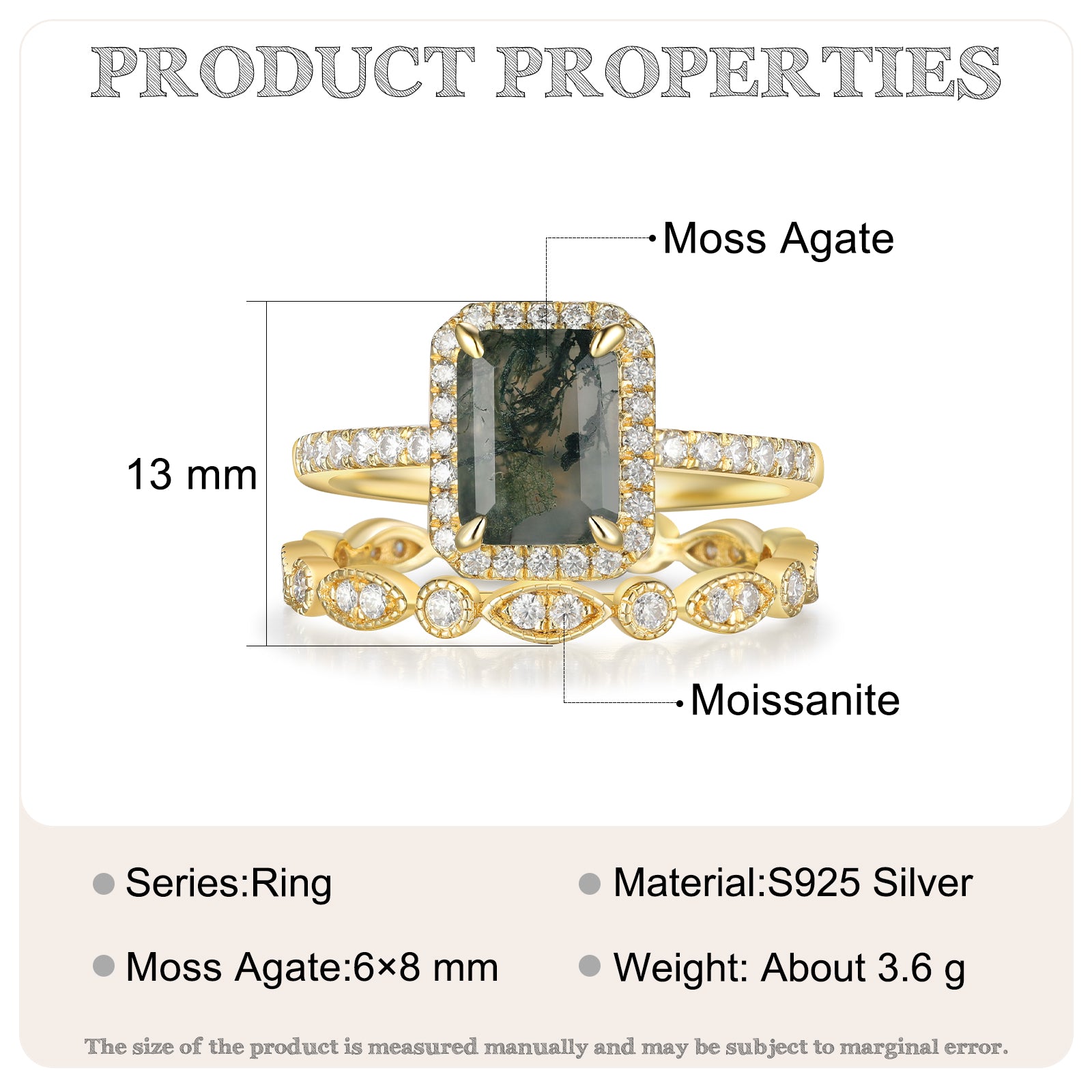 Gold Natural Moss Agate Ring