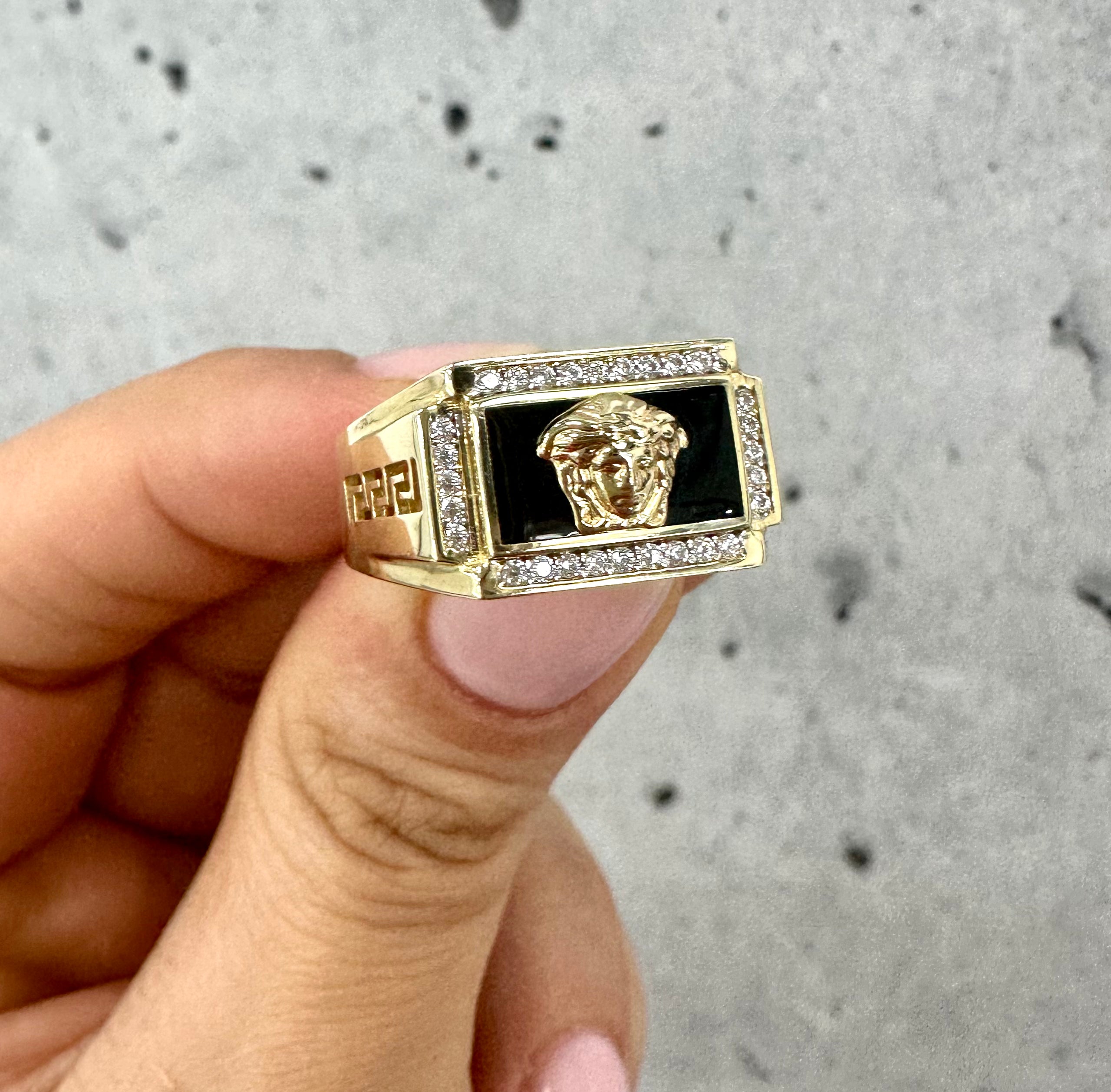 Rectangle Black Stone Medusa Ring 10K Gold