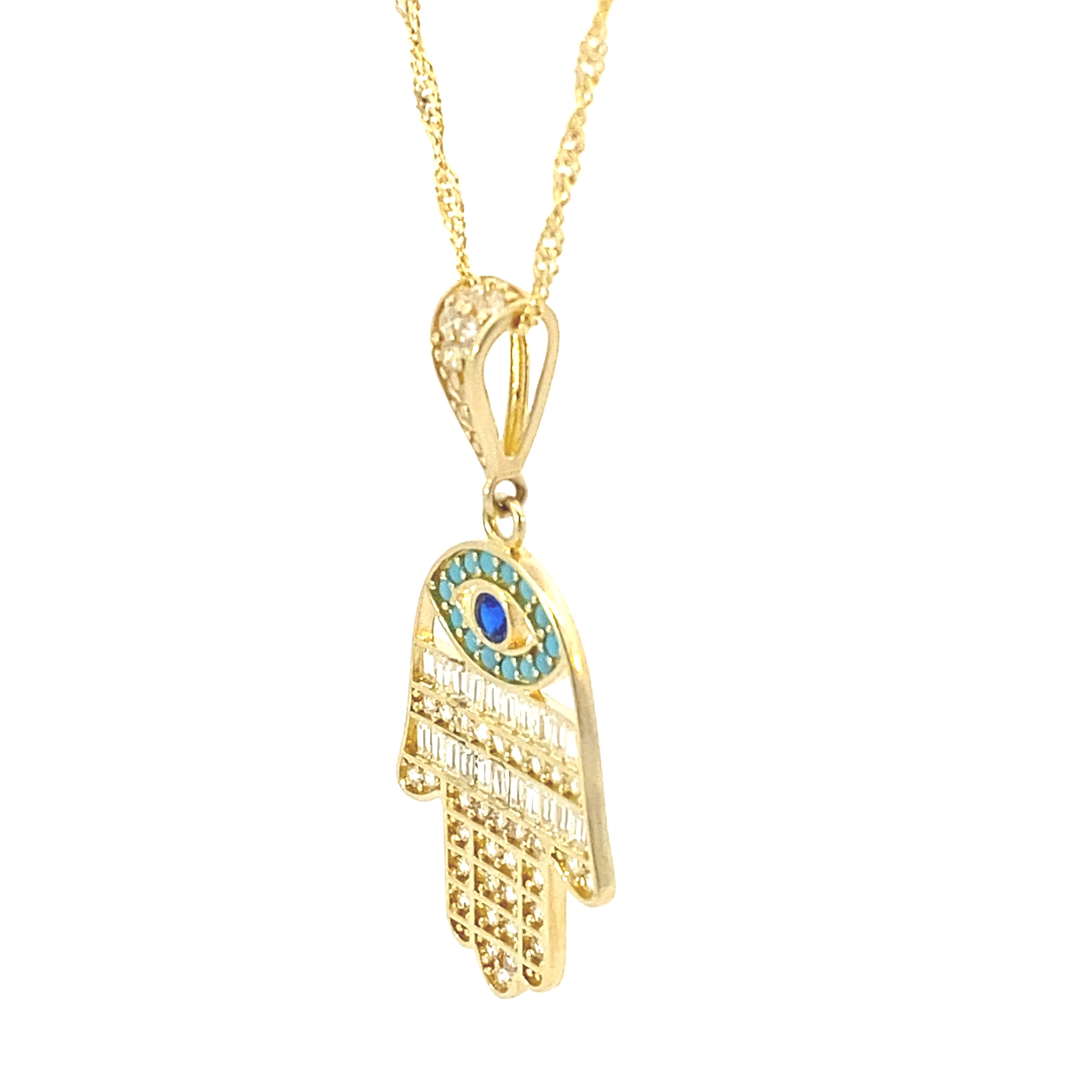 Hamsa Crystal Evil Eye Necklace 10K Gold