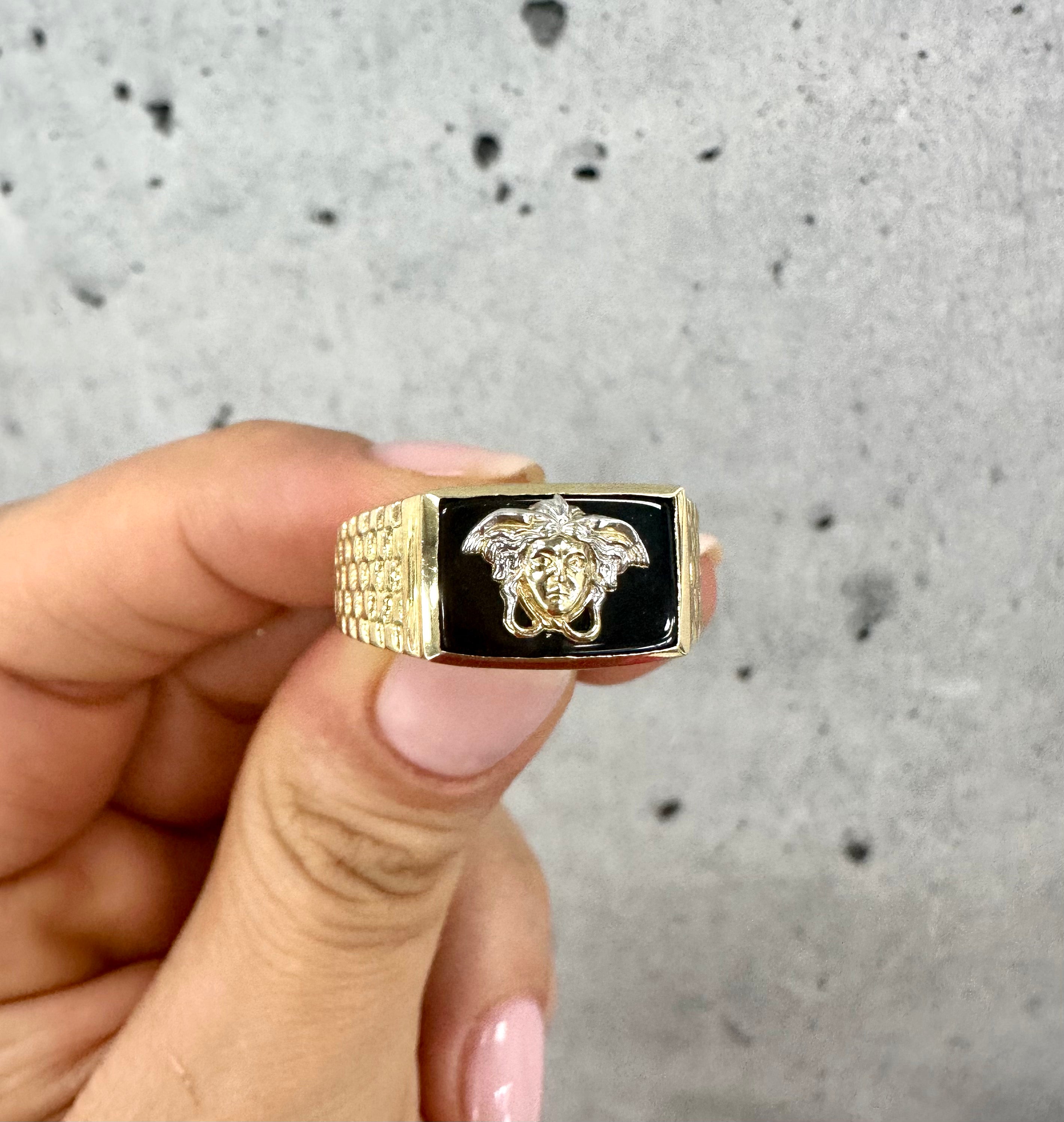 Rectangle Black Medusa Ring 10K Gold