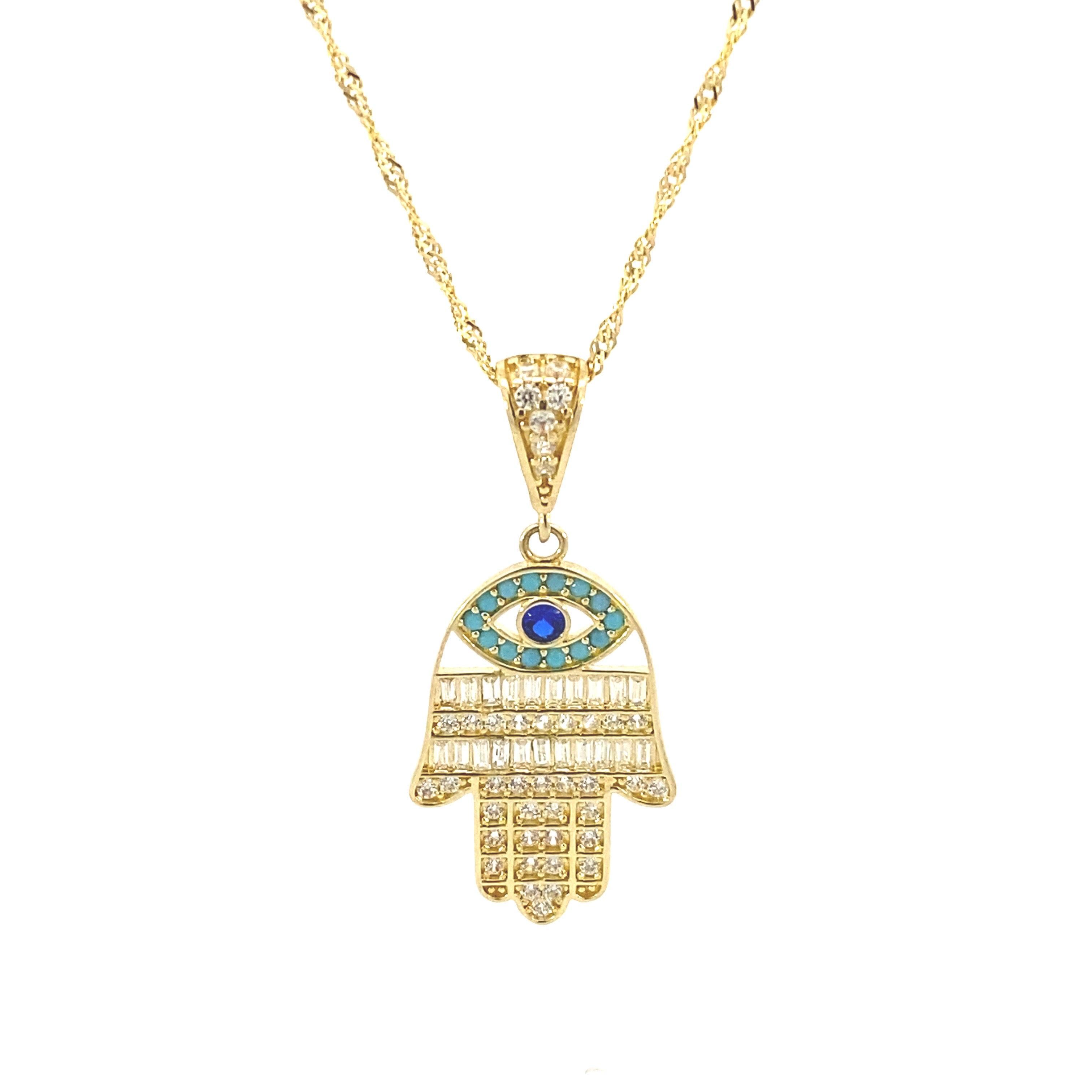 Hamsa Crystal Evil Eye Necklace 10K Gold