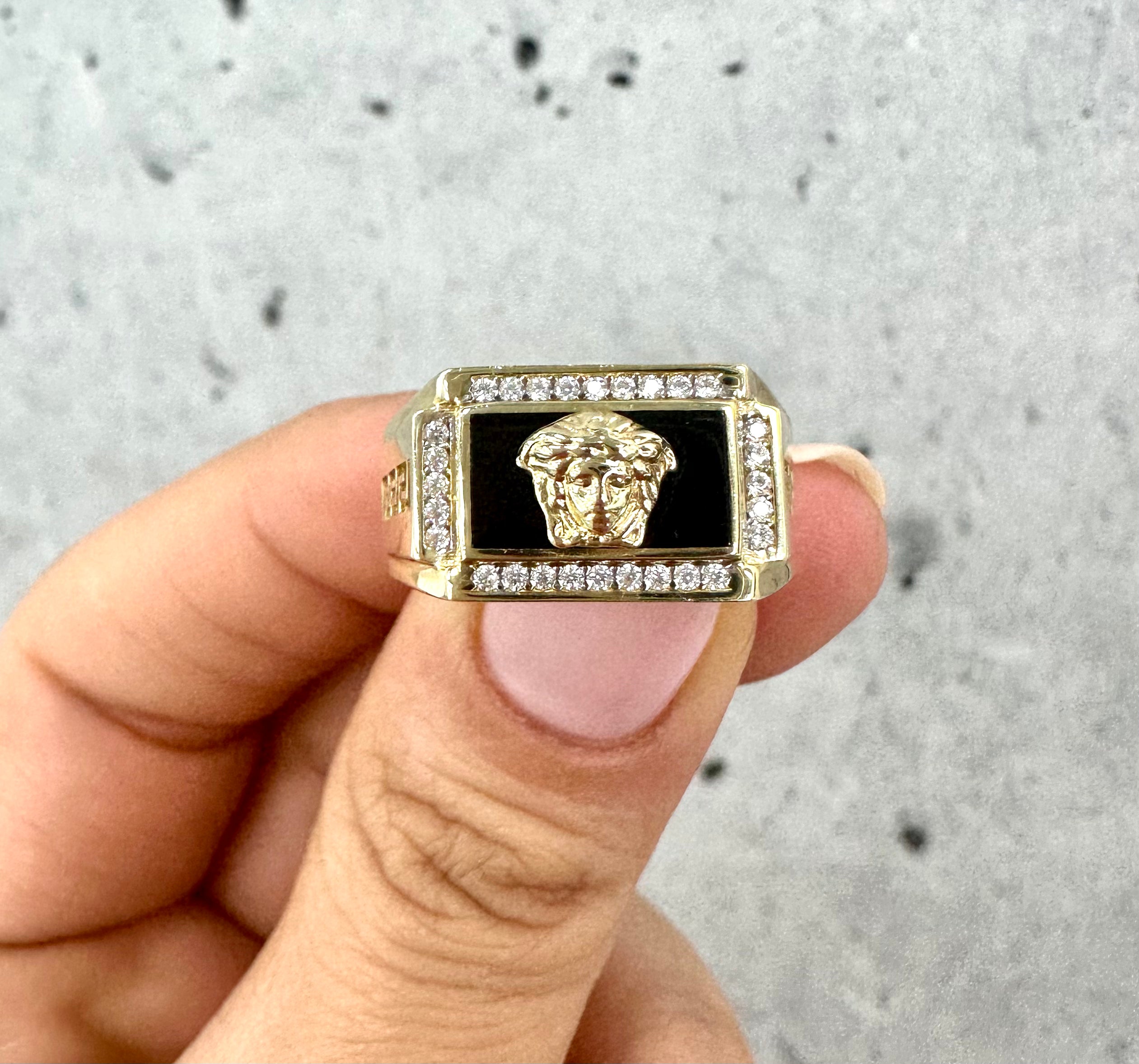 Rectangle Black Stone Medusa Ring 10K Gold