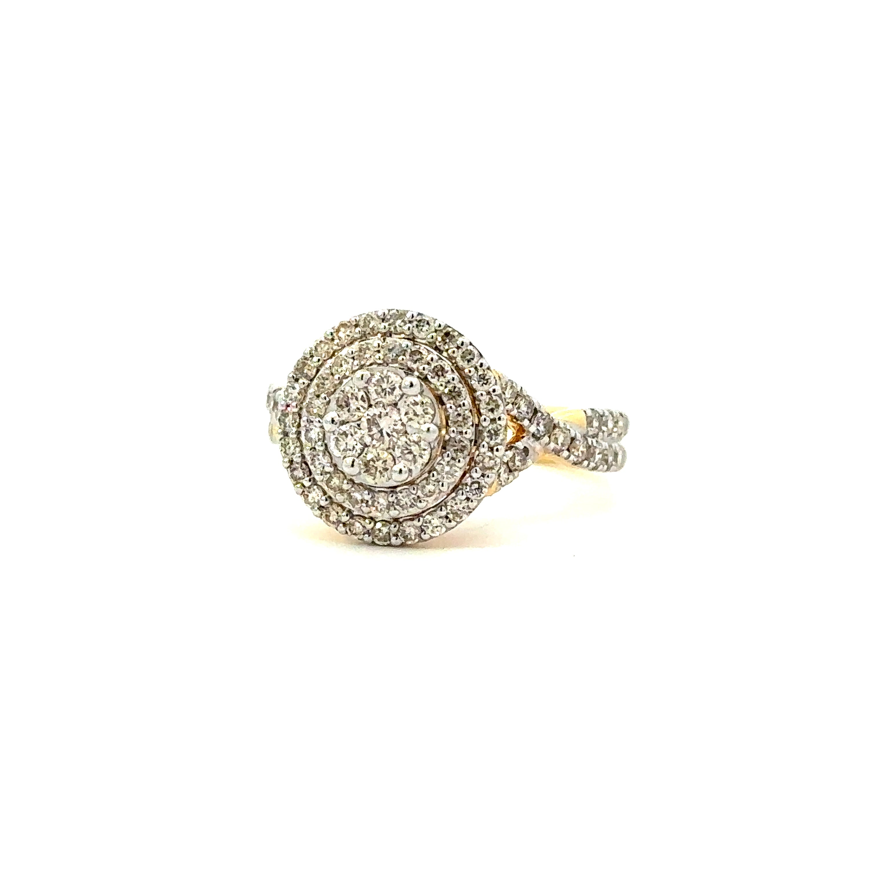 Double Halo 1 Carat Diamonds in 14kt Yellow Gold