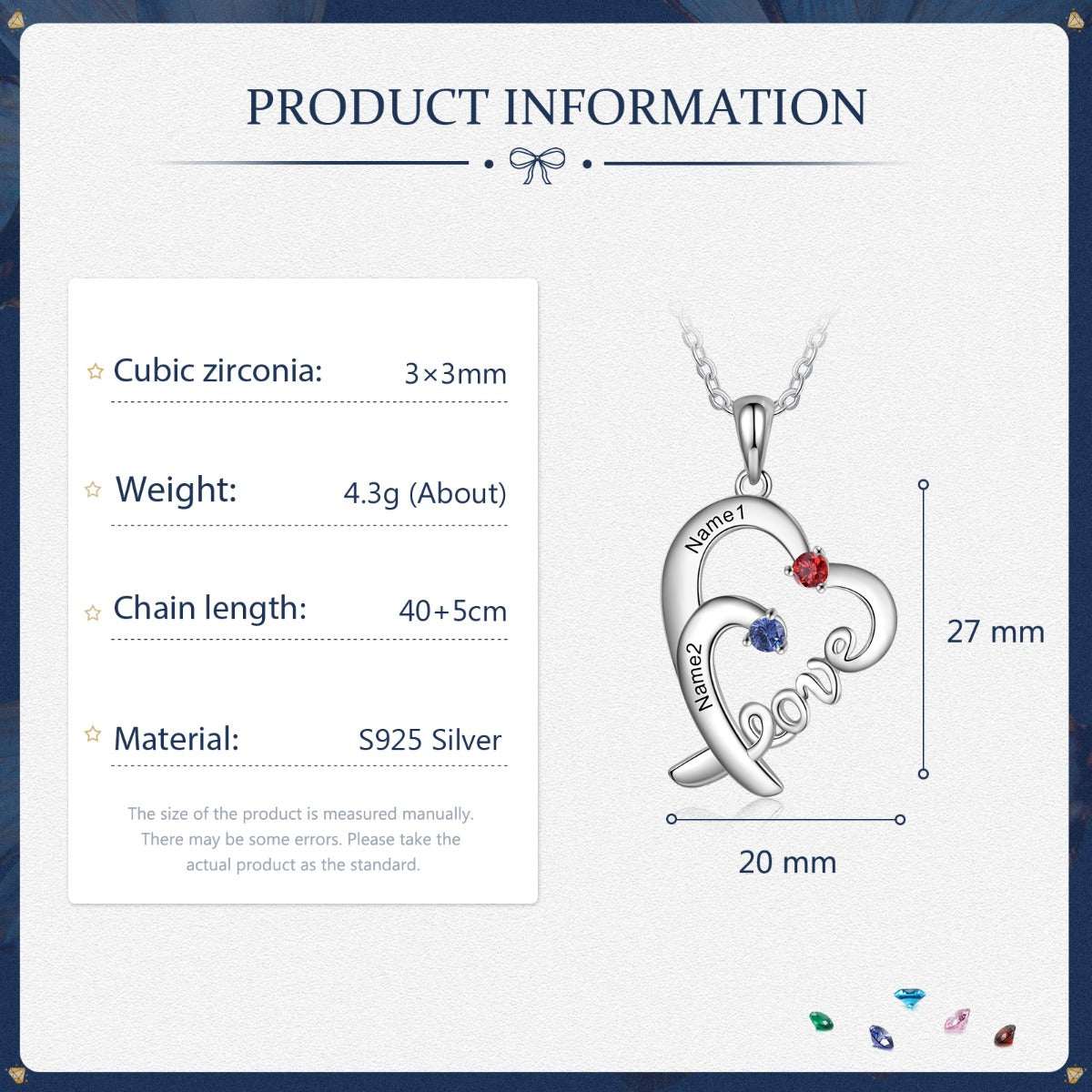 LOVE Heart Necklace 2 to 4 Stones