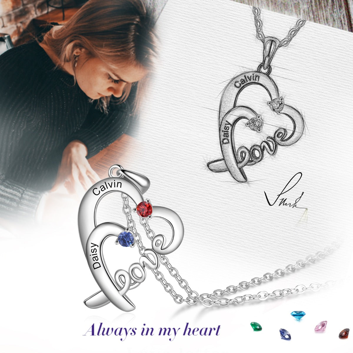 LOVE Heart Necklace 2 to 4 Stones