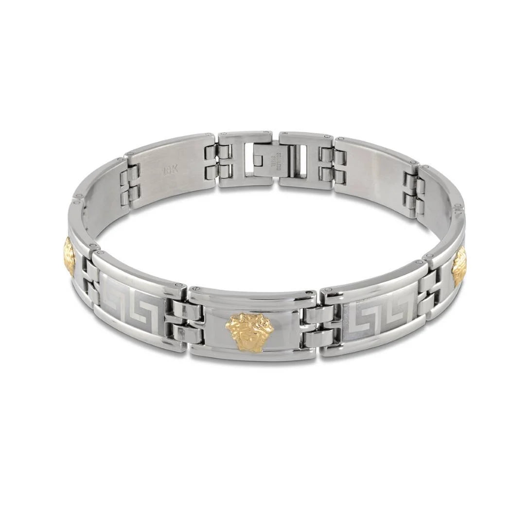 Gold-tone 316L stainless steel bracelet with lion head and Greek key details, 8.5 inches