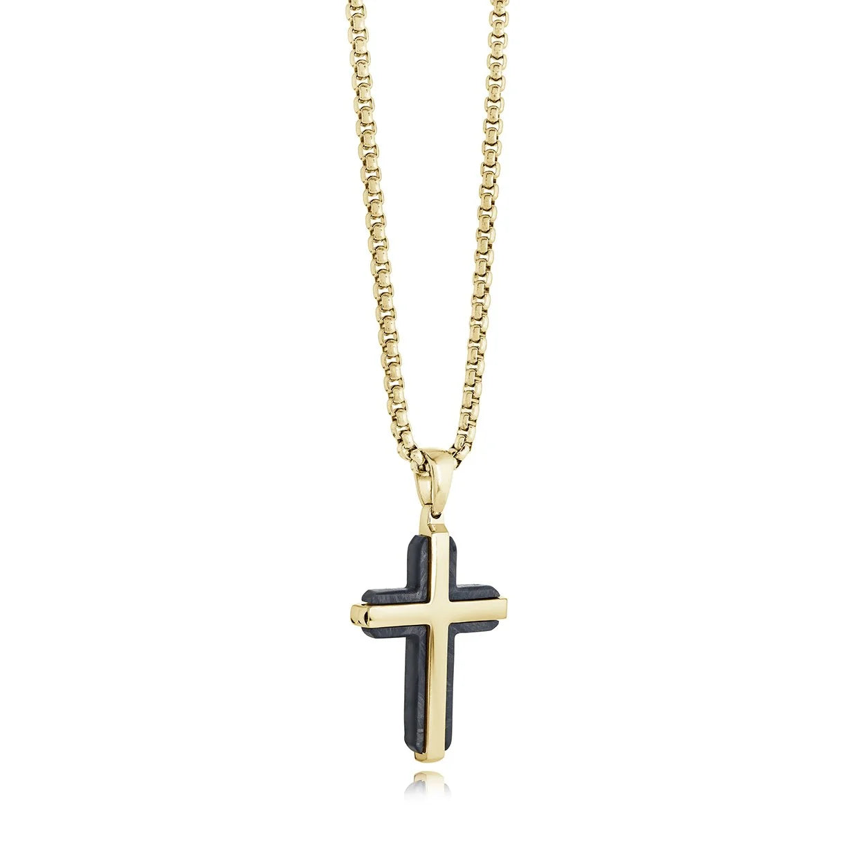 22-inch gold IP stainless steel cross necklace with carbon-fibre edging