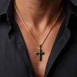 S.STEEL GOLD-IP CARBON EDGED CROSS NECKLACE