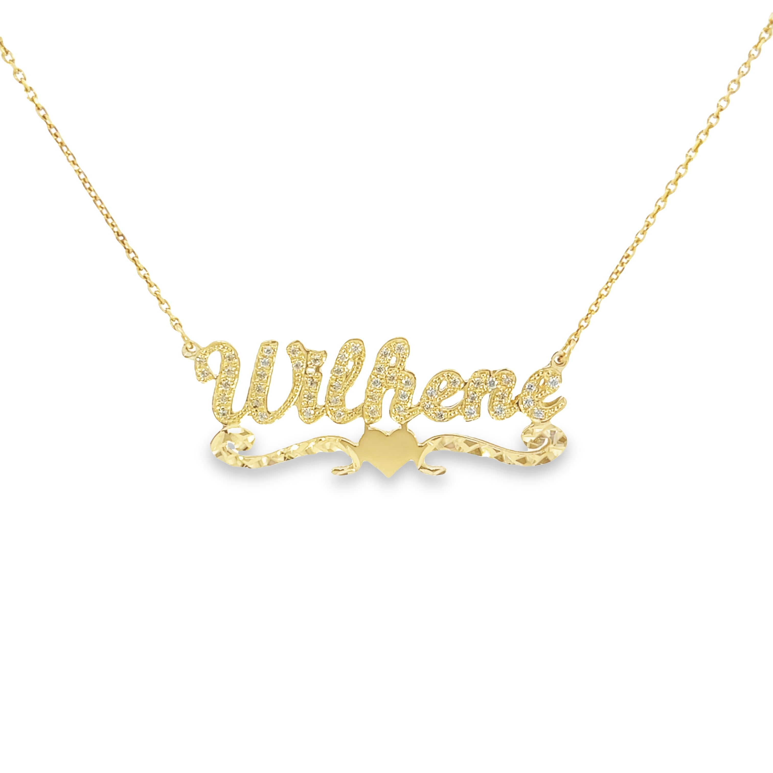 Pave Diamonds Underline Heart Name Necklace Solid Gold