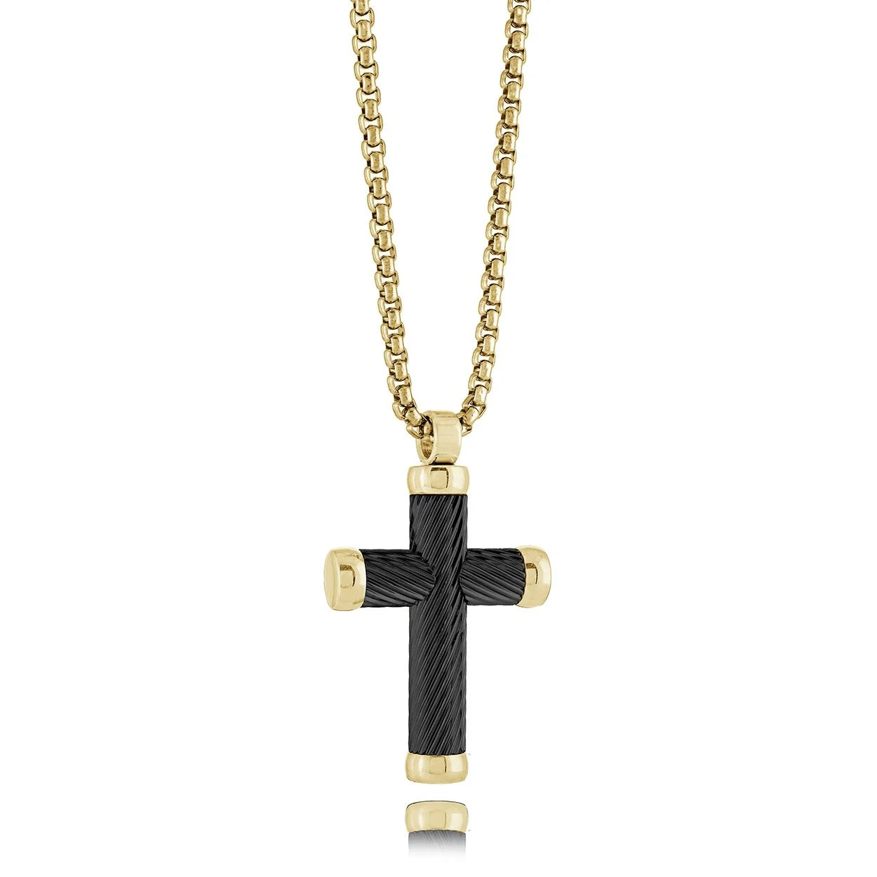 Black and gold-IP 316L stainless steel twist-line cross necklace, 22 inches