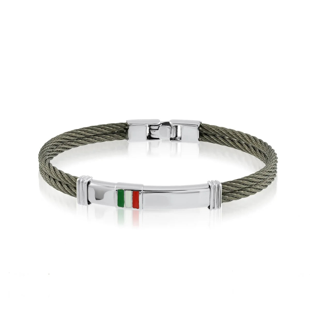 Black 316L stainless steel two-row cable bangle with Italy flag ID plate