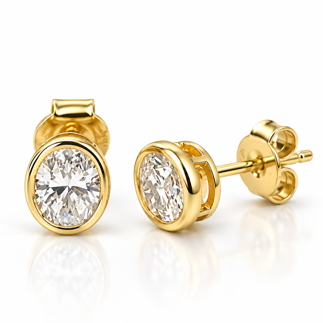 Oval Diamond Bezel Stud Earrings -14K
