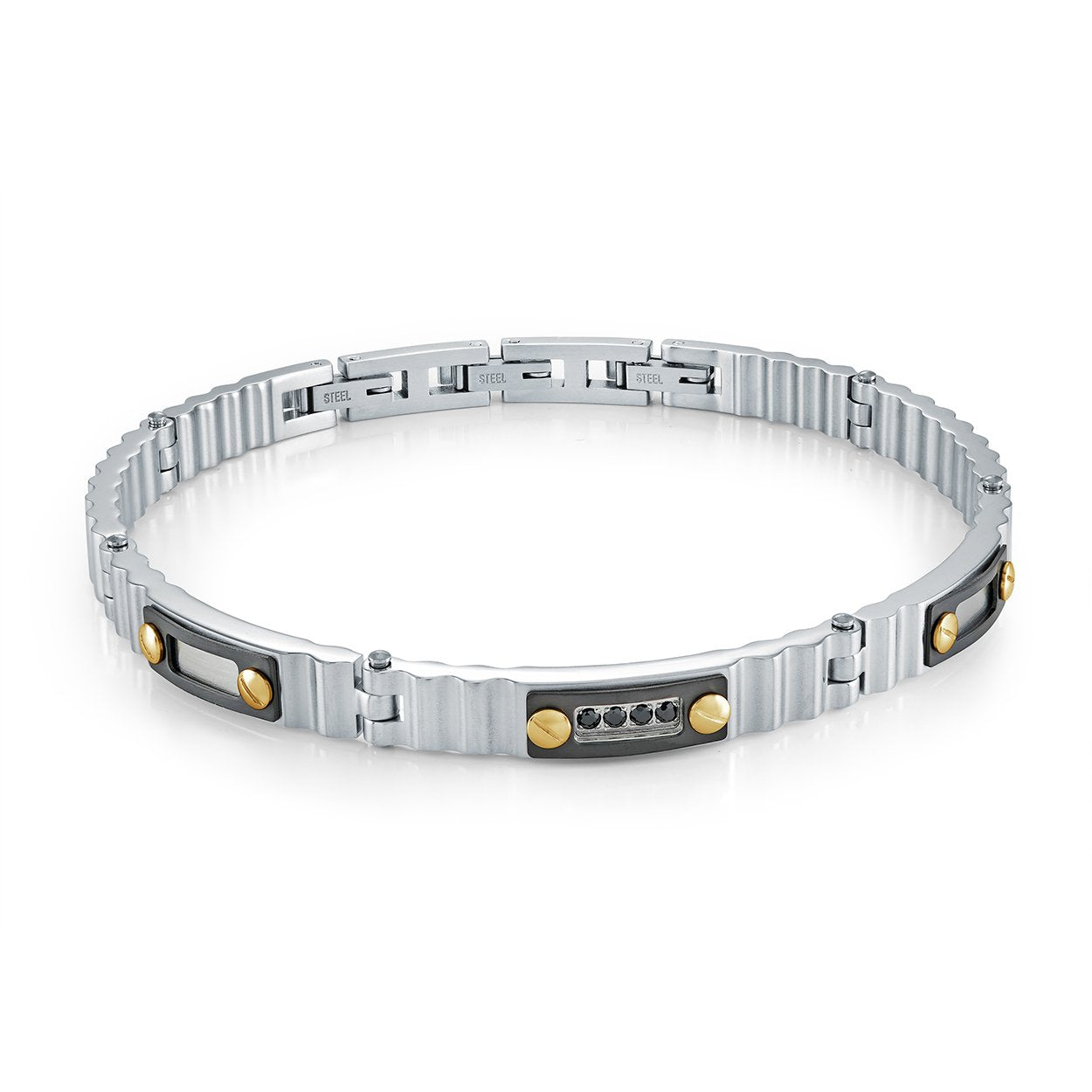 Adjustable ribbed 316L stainless steel bracelet with black and gold IP finishes and black cubic zirconia stones
