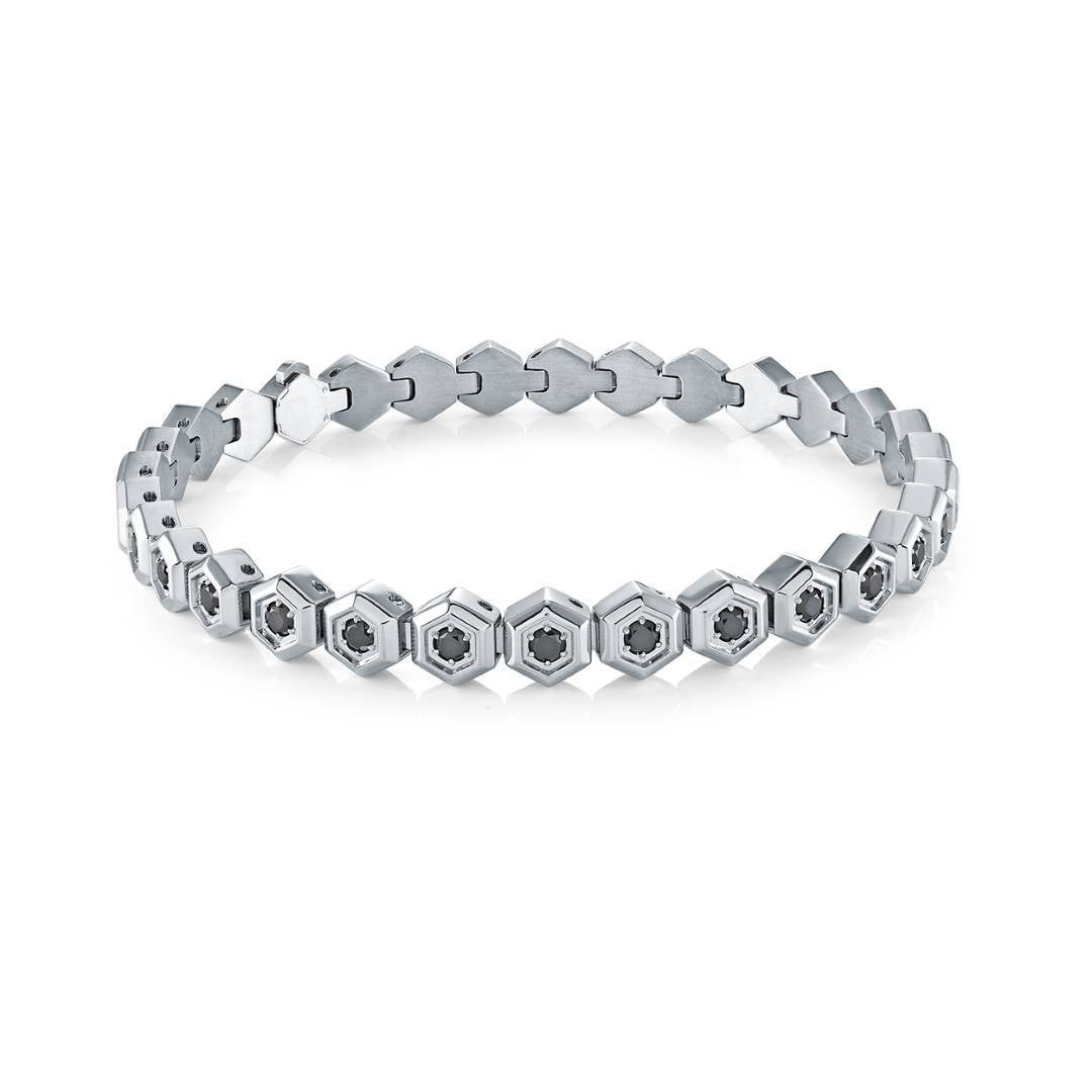 8.5-inch 316L stainless steel bracelet with 6 mm hexagon links and black CZ