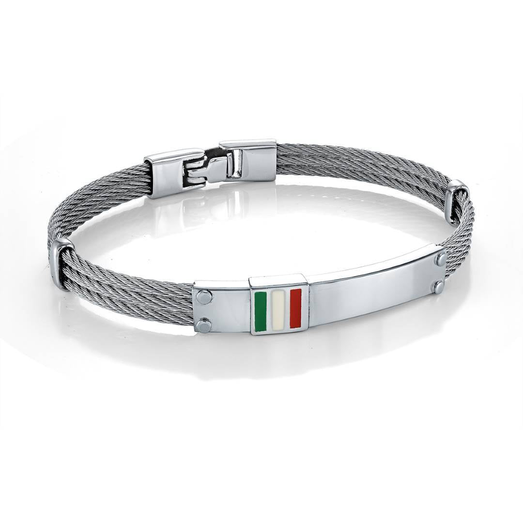 316L stainless steel three-row cable bangle with an enamel Italy flag detail