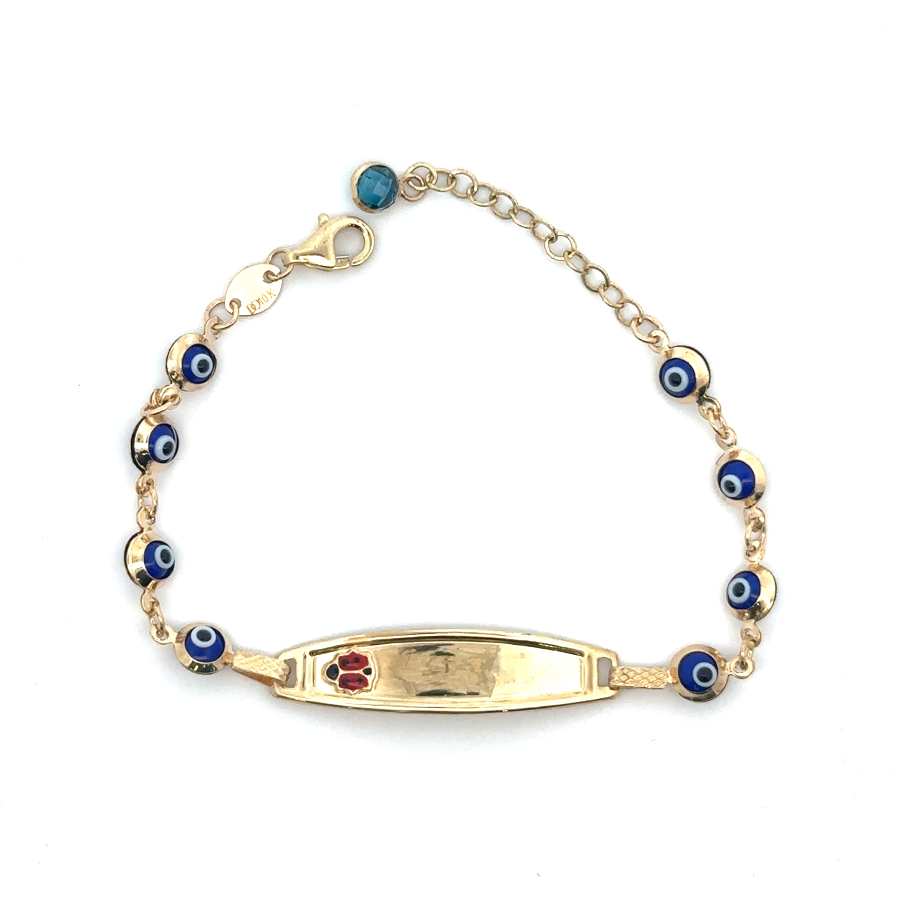 10K gold baby ID bracelet with a ladybug and blue eyes, adjustable 6-inch length and engraving plate.