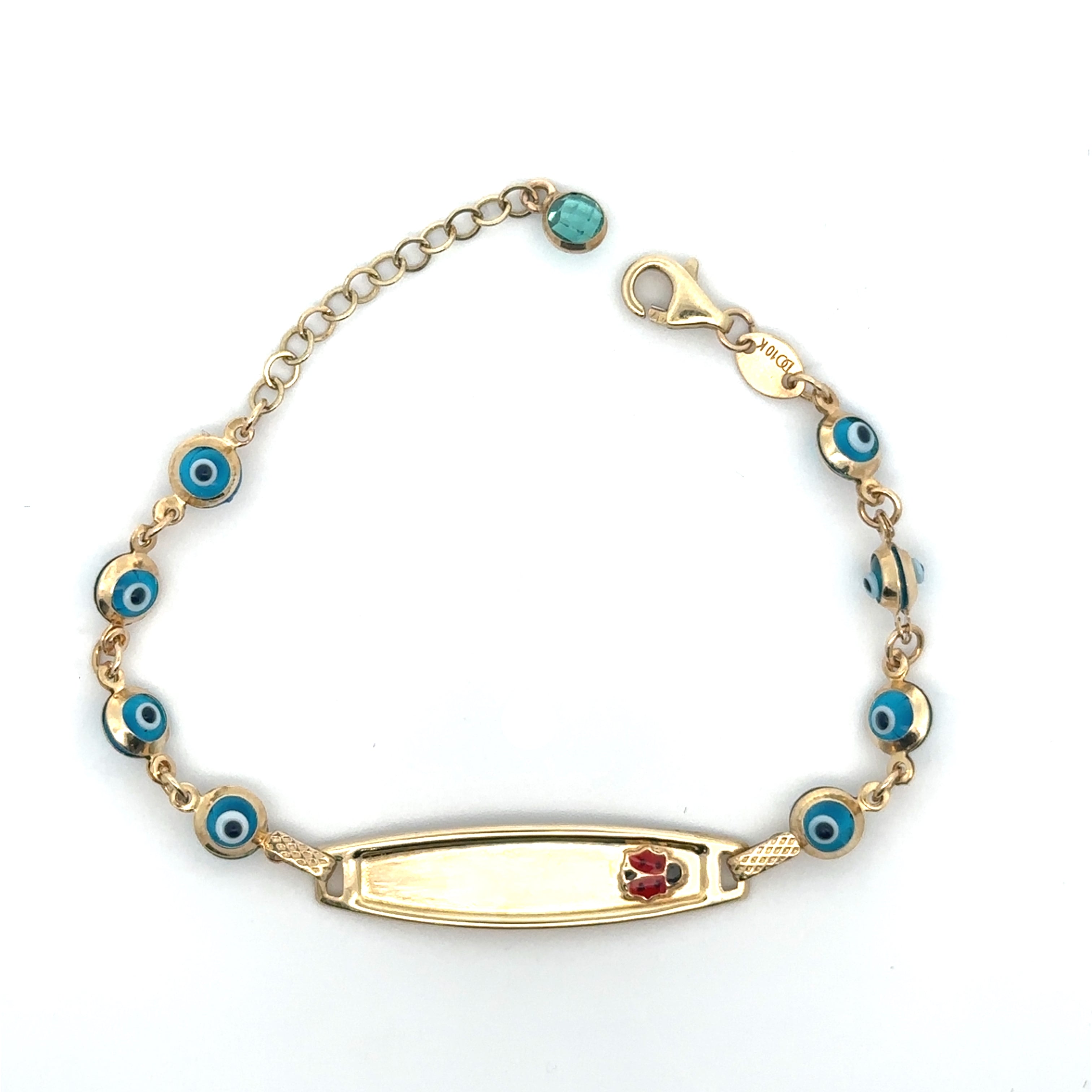 Solid 10K gold baby ID bracelet with an aqua ladybug and blue eyes, and an engravable plate