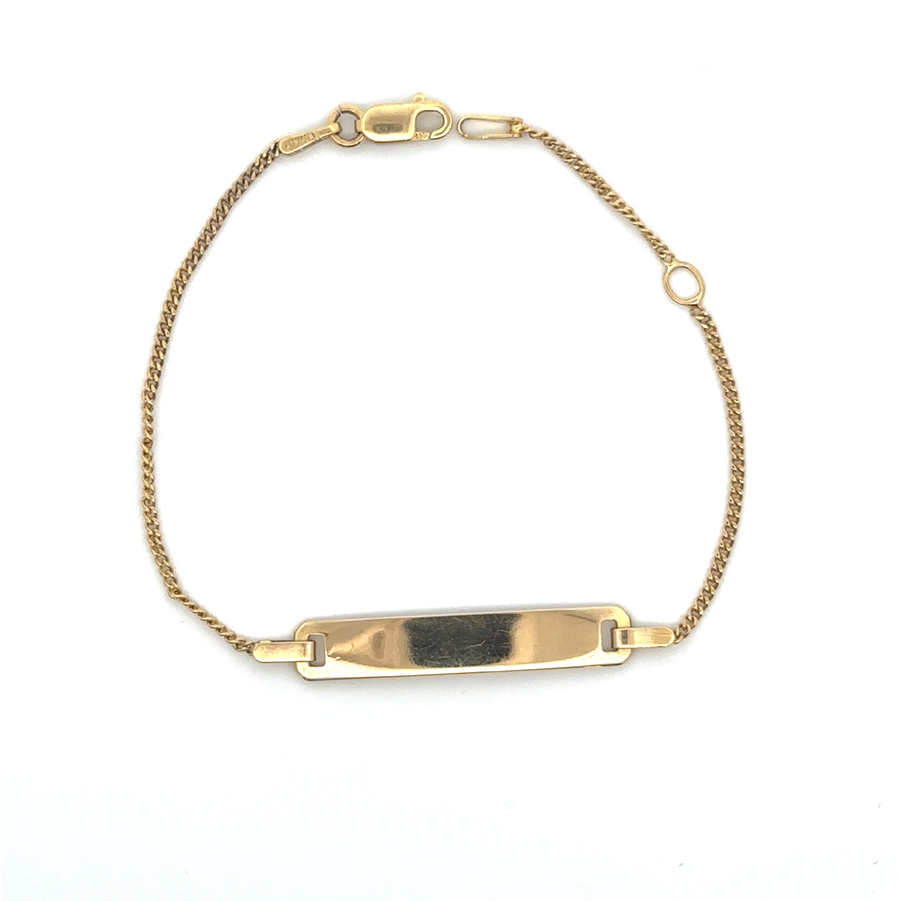 Solid 10K gold baby ID bracelet with a 23 x 5 mm plate and 6-inch length