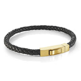 BLACK LEATHER S.STEEL GOLD-IP PUSH CLASP BRACELET