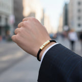 BLACK LEATHER S.STEEL GOLD-IP PUSH CLASP BRACELET
