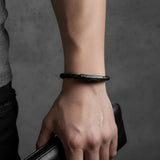 BLACK S.STEEL MATTE POLISHED PUSH CLASP LEATHER BRACELET