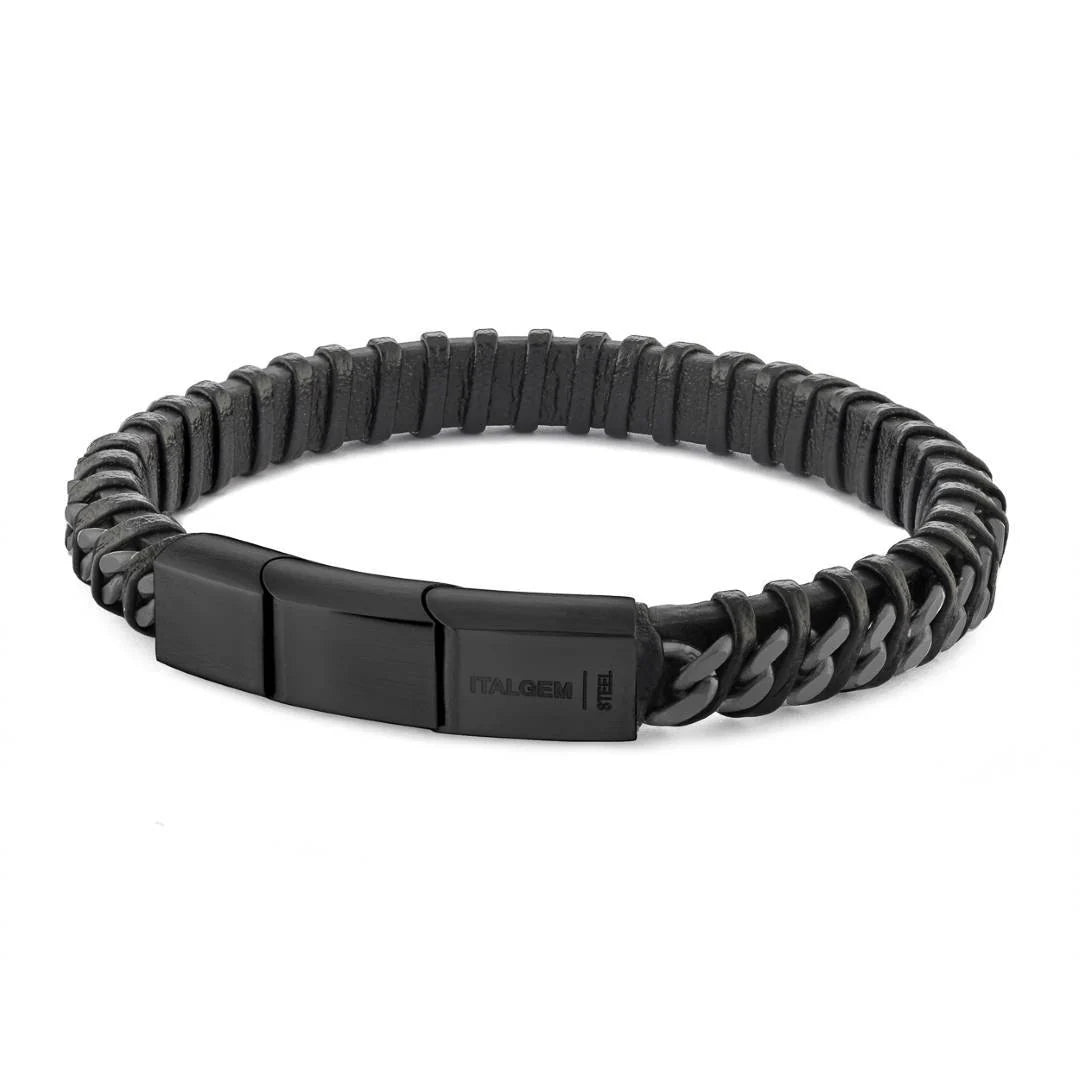 Black 316L stainless steel curb-link bracelet with twisted black leather