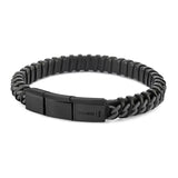 BLACK S.STEEL CURB LINK BLACK LEATHER TWISTED BRACELET