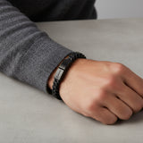 BLACK S.STEEL CURB LINK BLACK LEATHER TWISTED BRACELET
