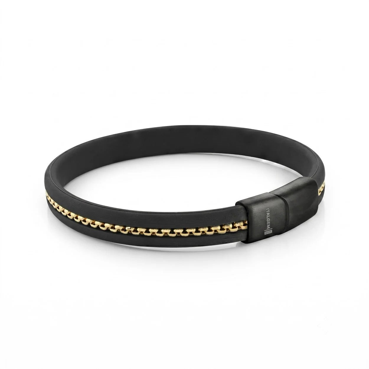 Black 8mm silicone bracelet with gold-IP 316L stainless steel details, 8-inch length