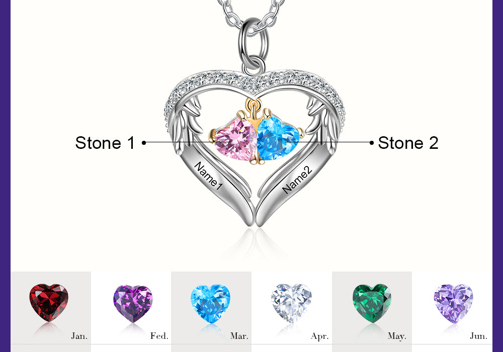 Birthstone Heart Shape Pendant Necklace 1 to 6 Names