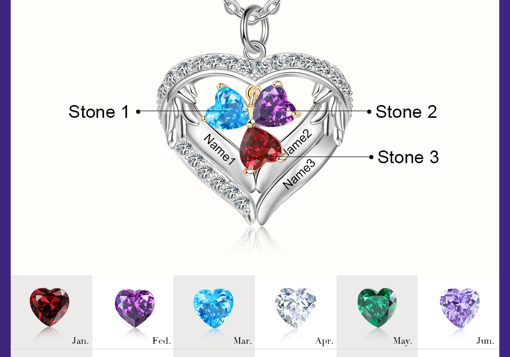 Birthstone Heart Shape Pendant Necklace 1 to 6 Names