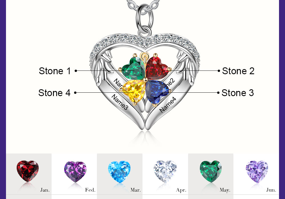 Birthstone Heart Shape Pendant Necklace 1 to 6 Names