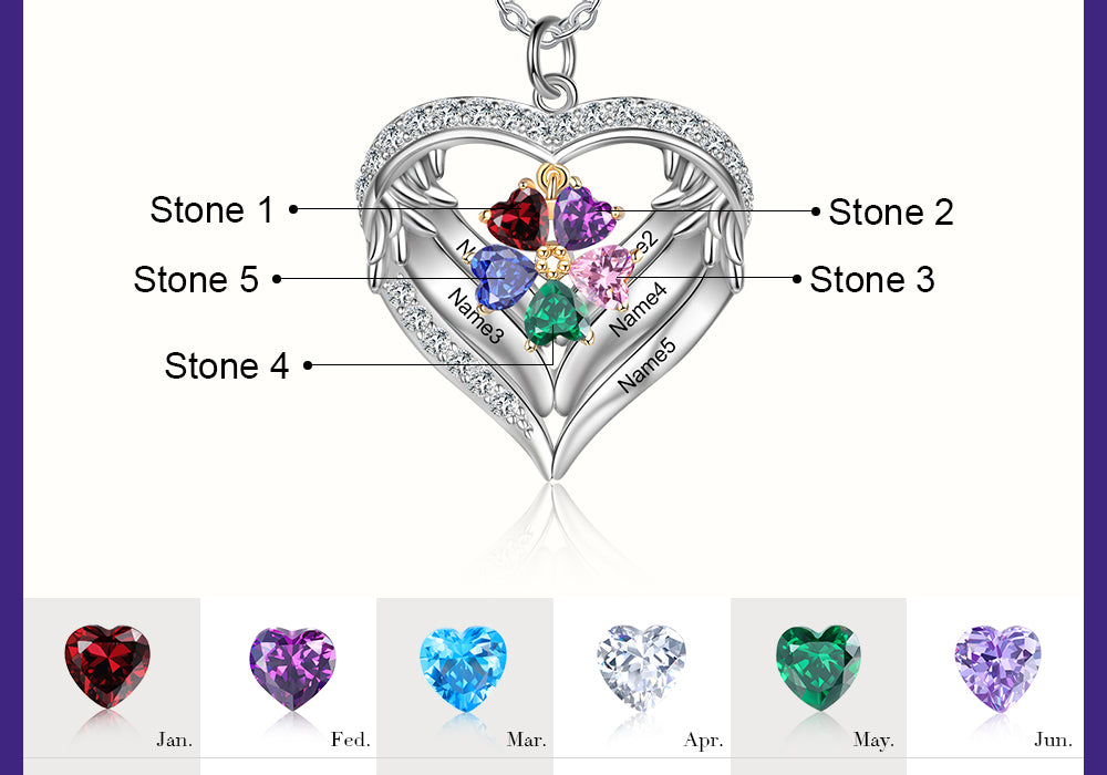 Birthstone Heart Shape Pendant Necklace 1 to 6 Names