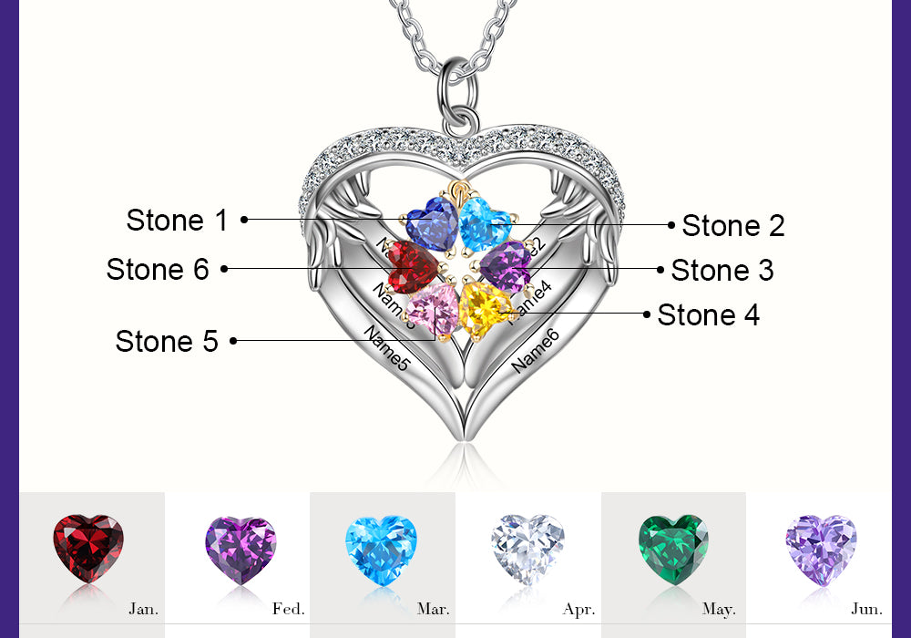Birthstone Heart Shape Pendant Necklace 1 to 6 Names