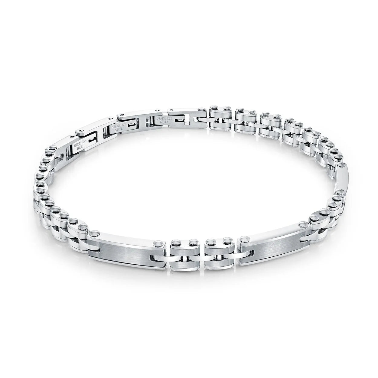 316L stainless steel plate bracelet, 7.5 inches with two 0.5-inch extensions.