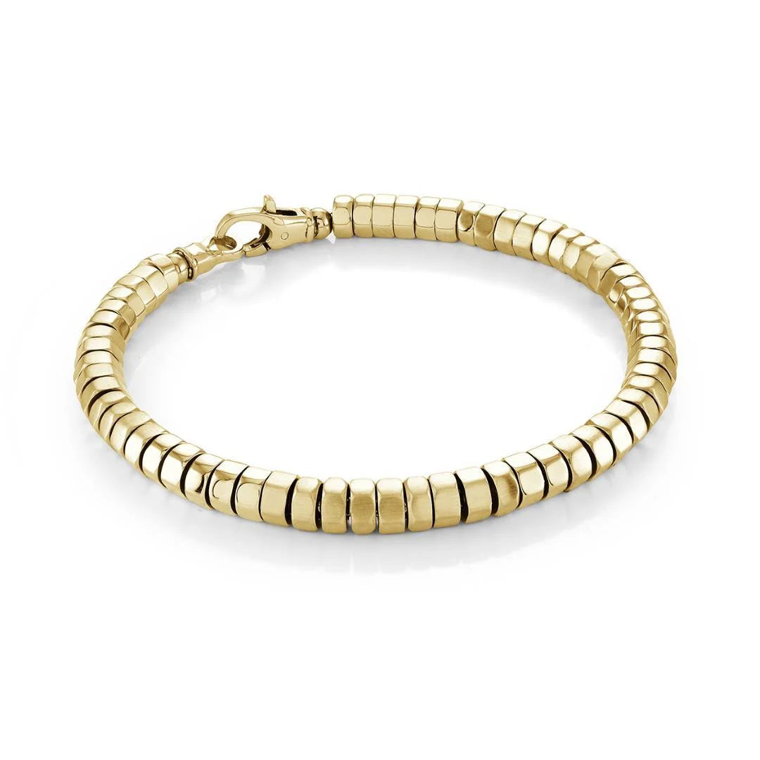 Gold-IP stainless steel bracelet with 5 mm hexagon beads, 8-inch length
