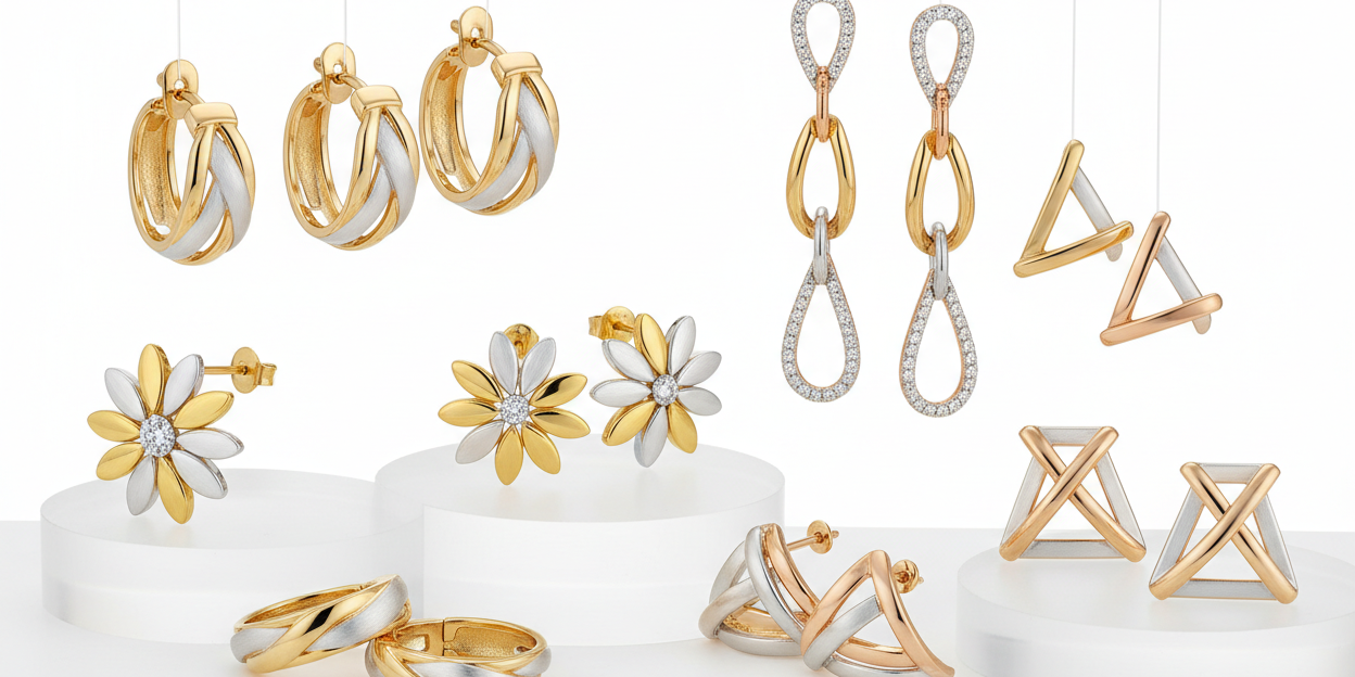 ladies gold earings mis with 2 tone and 3 tone