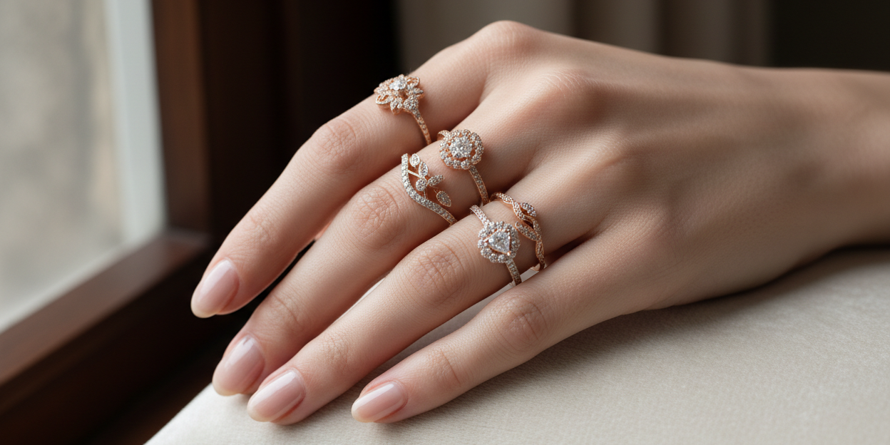 woman dainty rings with motifs and small diamon pave