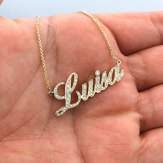 Pave Diamond Name Necklace Solid Gold
