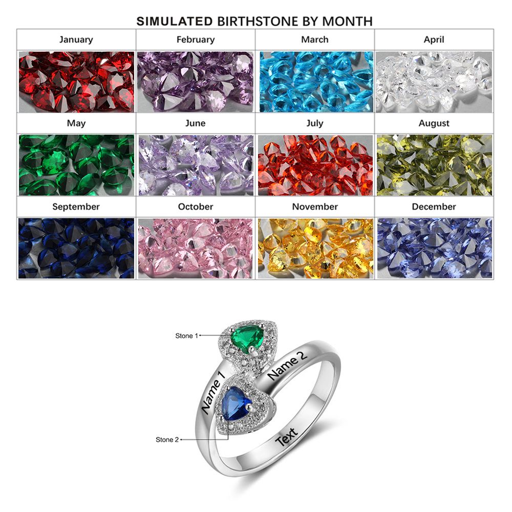 Birthstone Double Heart Ring 2 Stones
