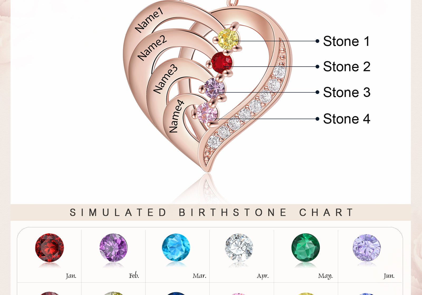 Birthstone Heart Necklace 2 to 4 Stones