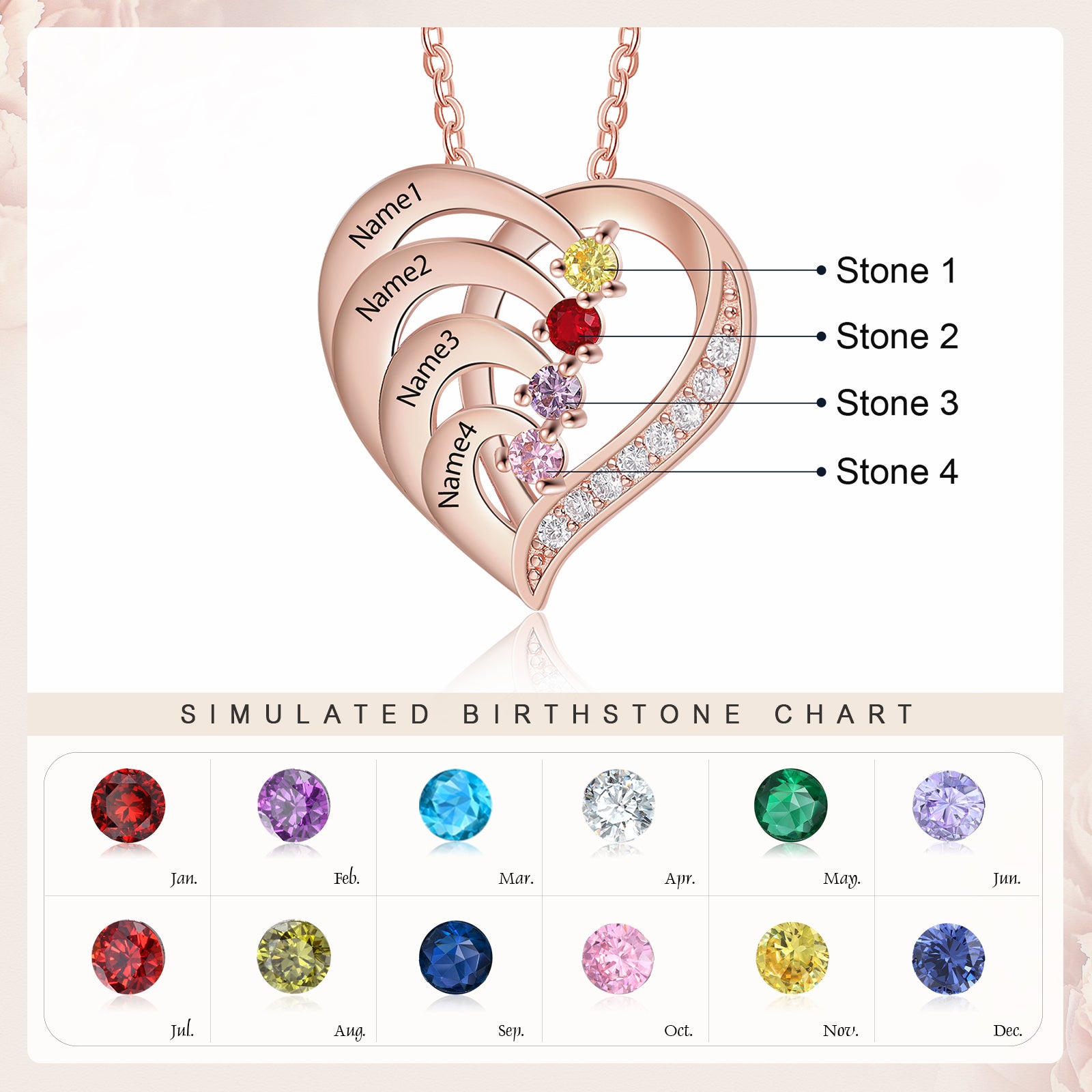 Birthstone Heart Necklace 2 to 4 Stones