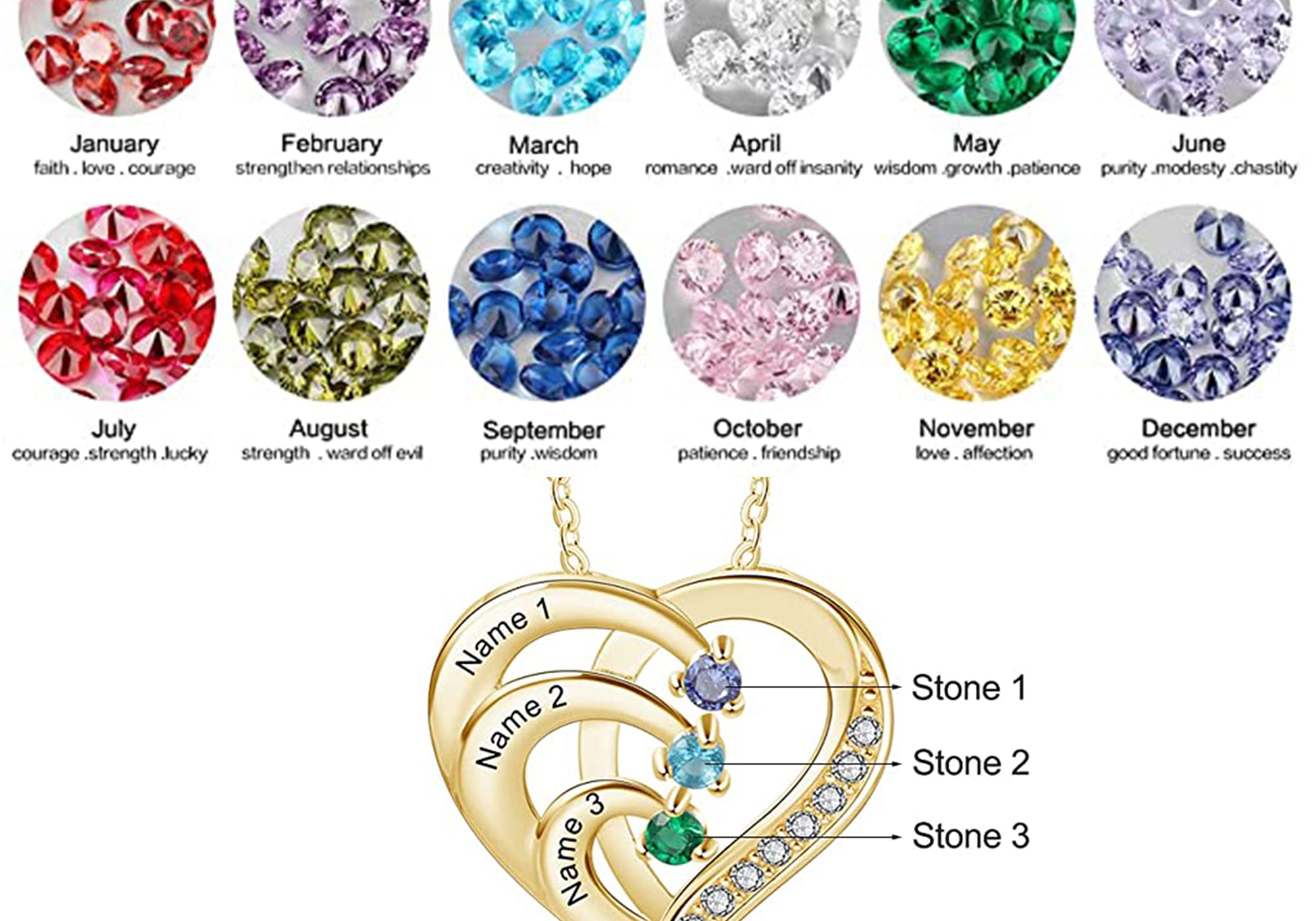 Birthstone Heart Necklace 2 to 4 Stones