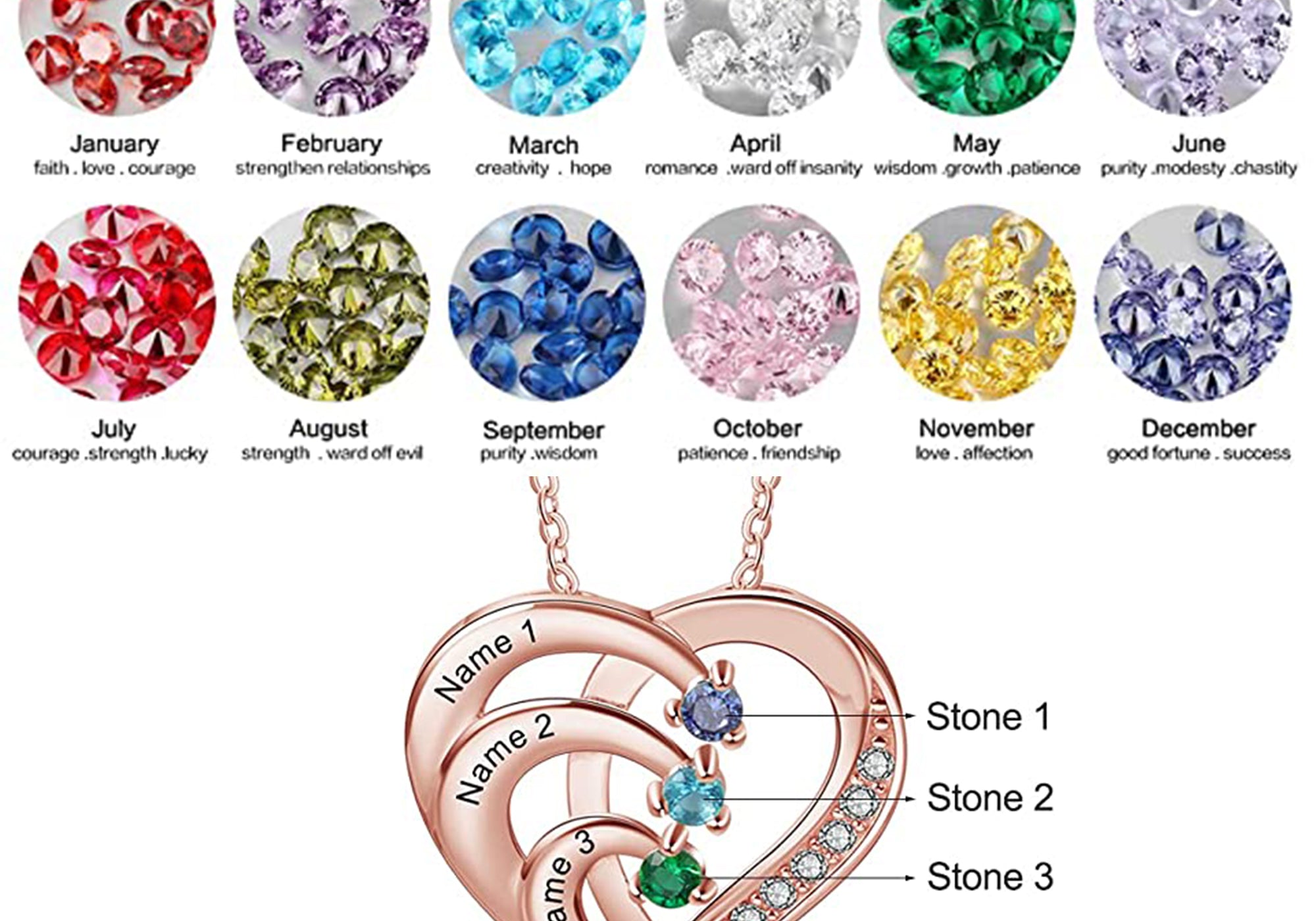 Birthstone Heart Necklace 2 to 4 Stones