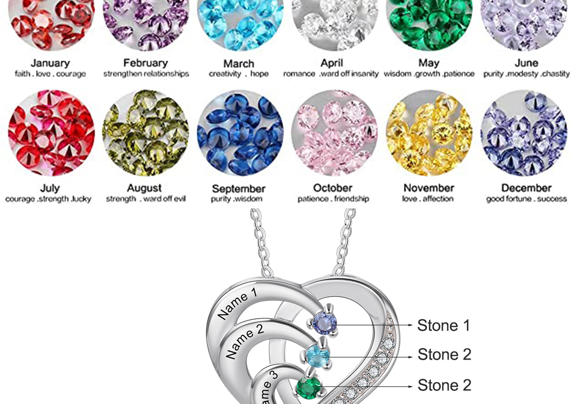 Birthstone Heart Necklace 2 to 4 Stones