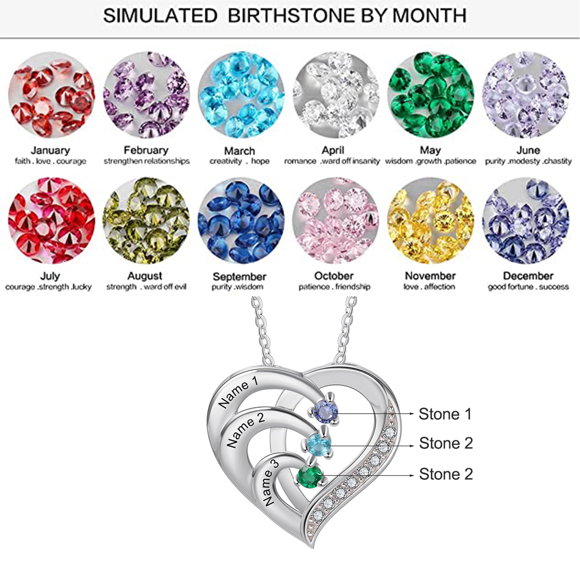 Birthstone Heart Necklace 2 to 4 Stones